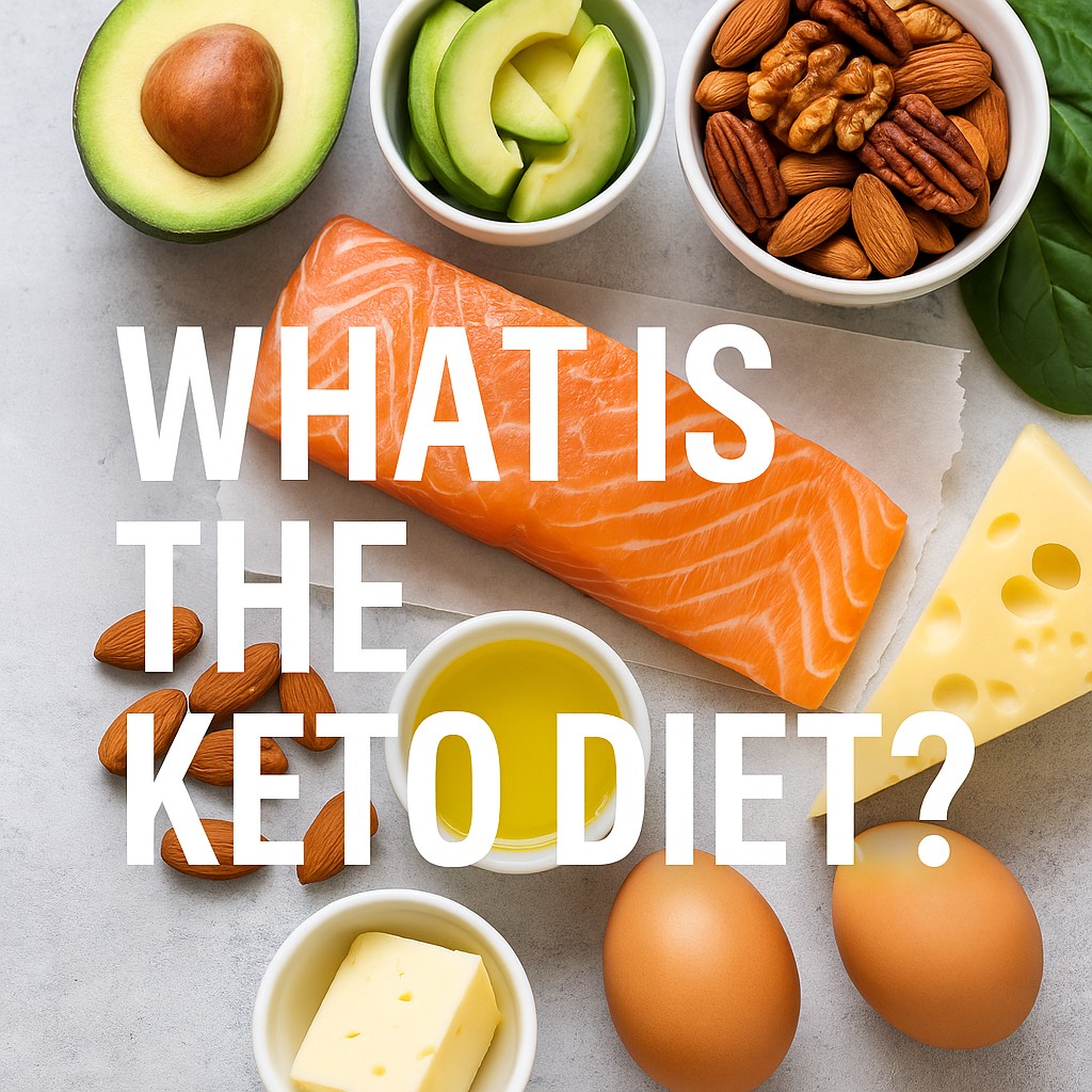 Flat lay of ketogenic foods including avocado, salmon, nuts, eggs, cheese, spinach, and olive oil, with the text "What Is the Keto Diet?" overlaid on a light gray background.